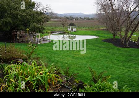 vue sur les vignobles des vallées de napa et de sonoma, ca, usa en hiver d'une cave avec un étang Banque D'Images