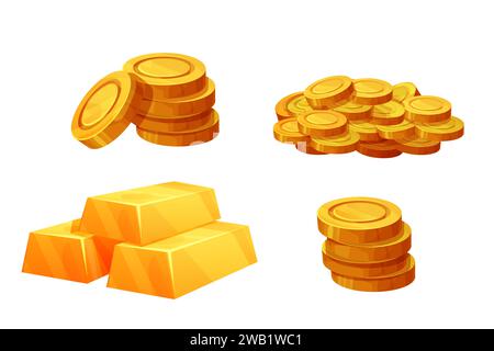 Set pièces d'or, pile de briques dorées, Trésor brillant dans l'actif de jeu de style dessin animé isolé sur fond blanc. Illustration vectorielle Illustration de Vecteur