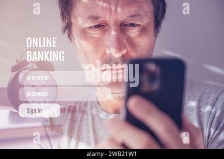 Man logging application bancaire en ligne sur un appareil smartphone, mise au point sélective Banque D'Images