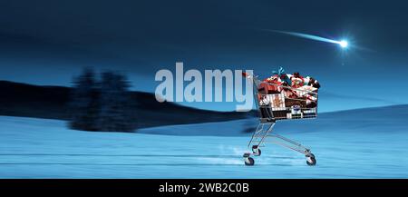 Panier plein de cadeaux de Noël et paysage hivernal, shopping de Noël et concept de vente Banque D'Images