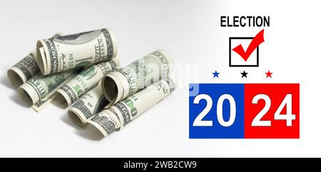 Concept de vote américain. Bulletin de vote pour l'élection des présidents 2024 et de nombreux billets de banque en dollars Banque D'Images