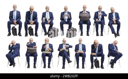 Homme d'affaires assis sur une chaise et en attente d'un entretien d'embauche ou d'une réunion, ensemble de portraits collage Banque D'Images