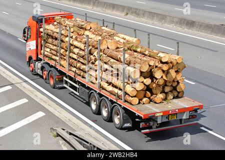 Bois forestier, vue arrière aérienne des grumes de matières premières chargées sur une semi-remorque articulée à plateau transportée par camion poids lourd m25 autoroute UK Banque D'Images