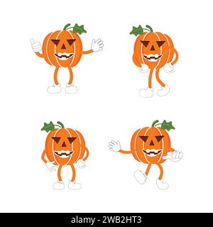 Dessin animé de personnage de citrouilles, vecteur d'icône de citrouille d'Halloween. Design plat, citrouille effrayante halloween avec sourire, visage heureux, expression variée. Illustration de Vecteur