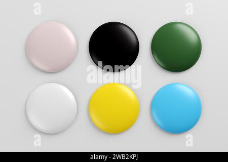 Ensemble de badges ronds brillants colorés ou de boutons de différentes couleurs pour la conception graphique. Modèle de maquette. Rendu 3D. Banque D'Images