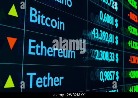Échange cryptographique. Bitcoin, Ethereum, Tether informations de prix. Bitcoin, Ethereum, Tether écran avec informations sur les prix. Exchange, Bitcoin au Dollar américain en hausse. Technologie de la chaîne de blocs, numérique, crypto-monnaies, trading. Illustration 3D crypto currency20 crypto currency Banque D'Images