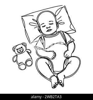 Une ligne de sommeil mignon petit bébé avec ours en peluche. Illustration vectorielle. Illustration de Vecteur
