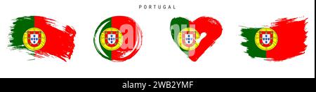 Ensemble d'icônes de drapeau de style grunge dessiné à la main au Portugal. Bannière portugaise aux couleurs officielles. Forme de trait de pinceau libre, cercle et en forme de coeur. Vecteur plat il Illustration de Vecteur