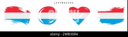 Jeu d'icônes de drapeau de style grunge dessiné à la main Luxembourg. Bannière luxembourgeoise aux couleurs officielles. Forme de trait de pinceau libre, cercle et en forme de coeur. Vect. Plat Illustration de Vecteur