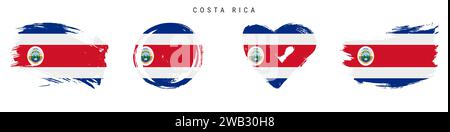 Costa Rica dessiné à la main drapeau style grunge ensemble d'icônes. Bannière du Costa Rica aux couleurs officielles. Forme de trait de pinceau libre, cercle et en forme de coeur. Vecteur plat Illustration de Vecteur