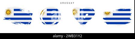 Uruguay jeu d'icônes de drapeau de style grunge dessiné à la main. Bannière uruguayenne aux couleurs officielles. Forme de trait de pinceau libre, cercle et en forme de coeur. Vecteur plat illu Illustration de Vecteur