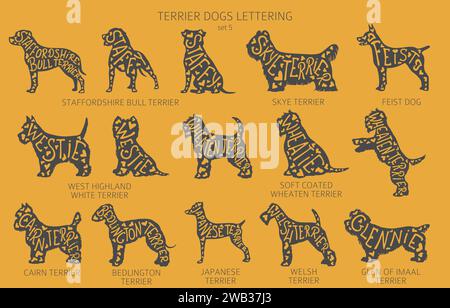 Chien élève des silhouettes avec lettrage, clipart de style simple. Chiens de chasse, collection de chiens Terrier. Illustration vectorielle Illustration de Vecteur
