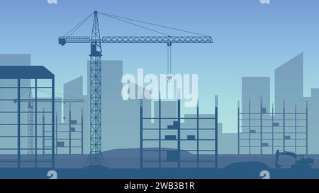 Bâtiments en construction en cours. Grues de construction au-dessus des bâtiments. Développement urbain. Horizon urbain. Illustration vectorielle. SPE 10. Illustration de Vecteur