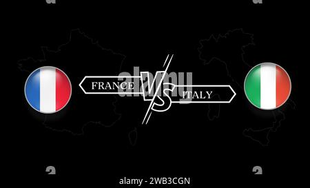 France vs Italie dans le tournoi de rugby tour 2, drapeau de pays en forme de cercle et carte du pays sur fond noir. Modèle vectoriel. Illustration de Vecteur