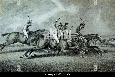 Horse Racing : extrait d'une série de vieilles estampes sportives monochromes tirées des gravures de Samuel Howitt, publiées à l'origine entre 1798 et 1800. Howitt était un peintre anglais travaillant dans les huiles et l'aquarelle, peignant des animaux, des scènes de chasse, des courses de chevaux et des paysages. Il était également graveur, illustrateur et graveur. Ceci est photographié à partir d'un petit tirage. Banque D'Images