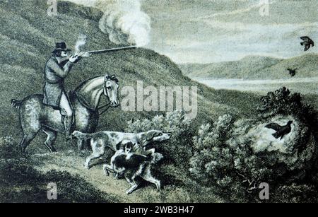 Grouse Shooting : extrait d'une série de vieilles estampes sportives monochromes tirées des gravures de Samuel Howitt, publiées à l'origine entre 1798 et 1800. Howitt était un peintre anglais travaillant dans les huiles et l'aquarelle, peignant des animaux, des scènes de chasse, des courses de chevaux et des paysages. Il était également graveur, illustrateur et graveur. Ceci est photographié à partir d'un petit tirage. Banque D'Images