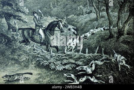 Fox Hunting : extrait d'une série de vieilles estampes sportives monochromes des gravures de Samuel Howitt, publiées à l'origine entre 1798 et 1800. Howitt était un peintre anglais travaillant dans les huiles et l'aquarelle, peignant des animaux, des scènes de chasse, des courses de chevaux et des paysages. Il était également graveur, illustrateur et graveur. Ceci est photographié à partir d'un petit tirage. Banque D'Images