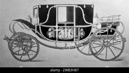 H.M. King Edward VII’s Coronation Landau, fabriqué par MM. Hooper and Co, c1902. Ceci est tiré d'une série d'illustrations imprimées de chariots de transport tirés par des chevaux utilisés dans la Grande-Bretagne victorienne au milieu à la fin du XIXe siècle. Banque D'Images