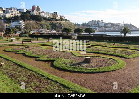 Les souches des palmiers emblématiques des jardins d'Abbey Park (jardins italiens) sur le front de mer à Torquay, dans le sud du Devon. Banque D'Images
