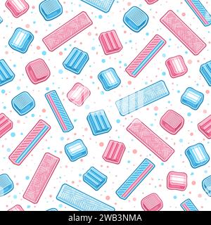 Vector Bubble Gum Seamless, fond de répétition décoratif avec illustration de contour de gommes à bulles assorties et bonbons brillants, affiche carrée W Illustration de Vecteur