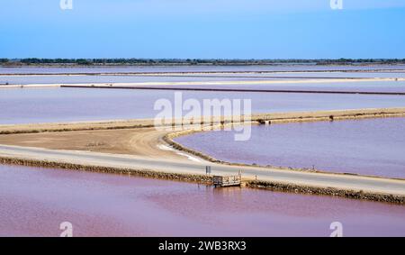 Aigues-mortes, Salins du midi, beau paysage avec marais salants roses Banque D'Images