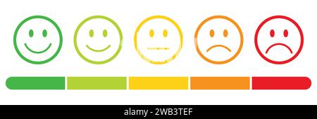 Emojis de notation définis dans différentes couleurs avec une échelle de notation. Feedback emoticons collection, très heureux, heureux, neutre, triste et très triste emojis. Illustration de Vecteur