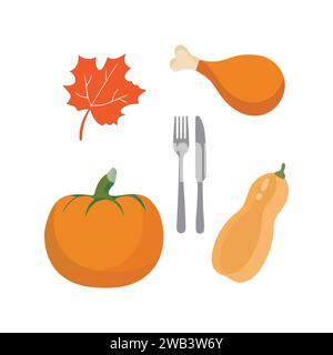 Icônes de Thanksgiving. Éléments d'automne avec dinde rôtie. citrouille, chapeau de pèlerin, tarte, légumes, fruits. Saison des fêtes d'automne. Illustration vectorielle Illustration de Vecteur