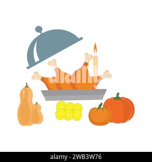 Icônes de Thanksgiving. Éléments d'automne avec dinde rôtie. citrouille, chapeau de pèlerin, tarte, légumes, fruits. Saison des fêtes d'automne. Illustration vectorielle Illustration de Vecteur