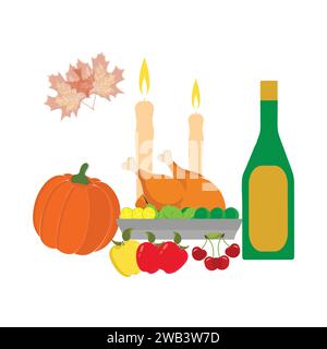 Icônes de Thanksgiving. Éléments d'automne avec dinde rôtie. citrouille, chapeau de pèlerin, tarte, légumes, fruits. Saison des fêtes d'automne. Illustration vectorielle Illustration de Vecteur