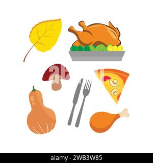 Icônes de Thanksgiving. Éléments d'automne avec dinde rôtie. citrouille, chapeau de pèlerin, tarte, légumes, fruits. Saison des fêtes d'automne. Illustration vectorielle Illustration de Vecteur