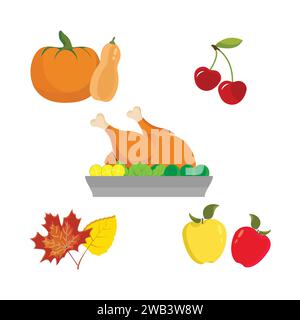 Icônes de Thanksgiving. Éléments d'automne avec dinde rôtie. citrouille, chapeau de pèlerin, tarte, légumes, fruits. Saison des fêtes d'automne. Illustration vectorielle Illustration de Vecteur