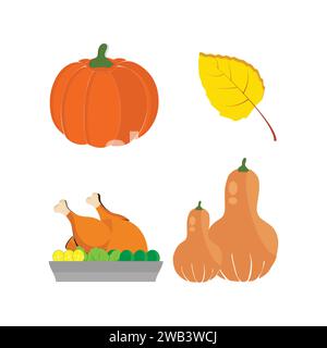 Icônes de Thanksgiving. Éléments d'automne avec dinde rôtie. citrouille, chapeau de pèlerin, tarte, légumes, fruits. Saison des fêtes d'automne. Illustration vectorielle Illustration de Vecteur