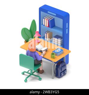 Étudiant étudiant à la maison. Peut être utilisé pour bannière web, infographies, héros images.3D illustration de l'homme asiatique Felix.3D rendu sur fond blanc. Banque D'Images