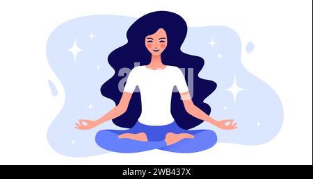 Femme dans la pose de méditation de yoga. Belle femme assise dans le yoga lotus méditation pose, se détendre, respirer sur fond blanc. Femme mignonne faisant de l'exercice, pratiquant le yoga, style de vie. Illustration vectorielle Illustration de Vecteur