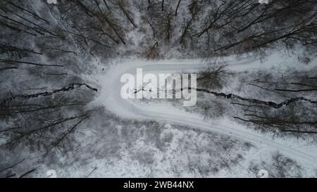 Vue plongeante d'un chemin enneigé à travers une forêt enneigée Banque D'Images