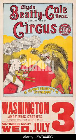 Clyde Beatty et un lion - Cole Bros. Combined Circus (années 1950) affiche de cirque - Roland Butler Artwork - Andy Bros. Terrain, Washington Banque D'Images