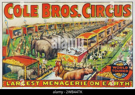 Circus Poster (Cole Brothers, 1930s) avec cages pleines d'animaux de cirque Banque D'Images