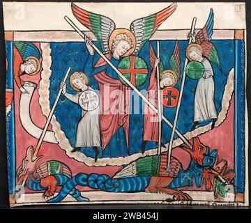 Miniature d'un manuscrit de l'Apocalypse : la guerre au ciel. Lorraine, France. c. 1295. Encre, tempera et or sur vélin. Banque D'Images