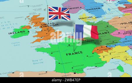 France et Royaume-Uni - épinglez les drapeaux sur la carte politique - illustration 3D. Banque D'Images