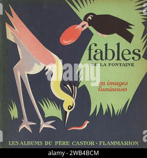 Illustration de couverture de Pierre Belvès publiée dans le livre 'Fables de la Fontaine en images lumineuses' de Gallimard, dans la collection 'les albums du Père Castor'. 1950. Banque D'Images