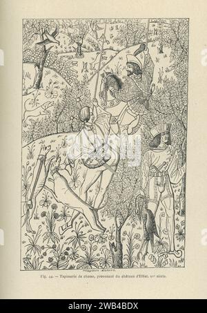 Gravure d'une tapisserie du 15e siècle représentant une scène de chasse. Illustration de 'l'ancienne France : les arts et métiers au Moyen-Âge. Etude illustrée sur le Moyen--Âge et la Renaissance d'après les ouvrages de M. Paul Lacroix', publiée en 1887 par Firmin-Didot (Paris). Banque D'Images
