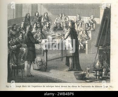 En 1761, Joseph Black, physicien et chimiste écossais, a démontré sa « chaleur latente » aux étudiants de l'Université de Glasgow, marquant les débuts de la thermodynamique. Illustration tirée de 'les merveilles de la science ou description populaire des inventions modernes' écrite par Louis Figuier et publiée en 1867 par Furne, Jouvet et Cie Banque D'Images