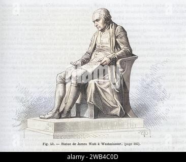 Statue de l'ingénieur écossais James Watt à Westminster (18e siècle). Illustration tirée de 'les merveilles de la science ou description populaire des inventions modernes' écrite par Louis Figuier et publiée en 1867 par Furne, Jouvet et Cie Banque D'Images