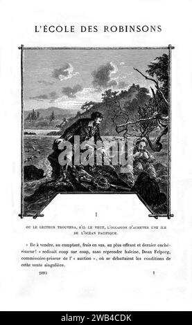 Frontispice du chapitre 1 Jules Verne, 'Godfrey Morgan : a California Mystery' (l'école des Robinsons) dessins du 19e siècle par L. Benett Collection privée Banque D'Images