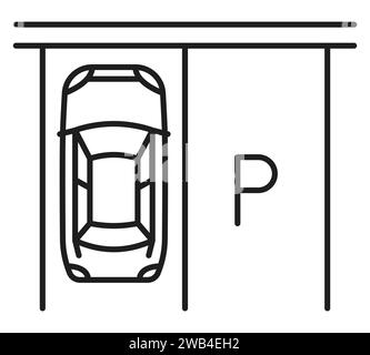 Icône de ligne de stationnement de voiture, signe de carte de stationnement de garage pour l'information de zone de véhicule, contour vectoriel. Icône de stationnement de service de voiturier ou de voiturier pour les règles et règlements pour le pictogramme de parc Illustration de Vecteur