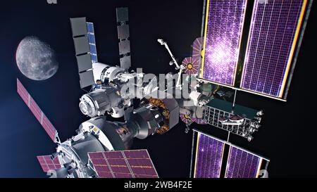 La station spatiale Gateway sera la première station spatiale de l'humanité autour de la Lune en tant que composante essentielle des missions Artemis pour ramener les humains sur le continent Banque D'Images