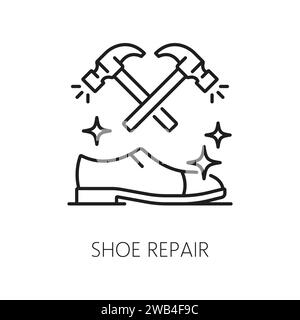 Icône de ligne mince d'équipement de réparation de chaussures, service d'hôtel pour le nettoyage de chaussures. Outils de réparation de chaussures Vector. Marteaux et bottes propres Illustration de Vecteur