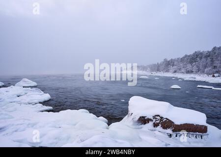 Une scène hivernale idyllique avec des rochers enneigés et un petit plan d'eau dans le paysage d'un jour brumeux et pluvieux Banque D'Images