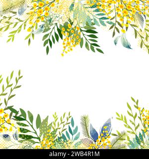 Cadre avec mimosa jaune. Couronne printanière des fleurs jaunes les plus brillantes. Bonjour printemps . dessin à la main. Pas ai, Illustration de Vecteur