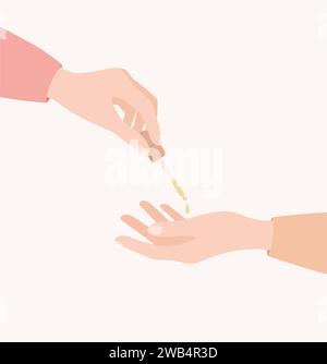 Deux mains féminines avec pipette de sérum visage. Illustration vectorielle plate Illustration de Vecteur